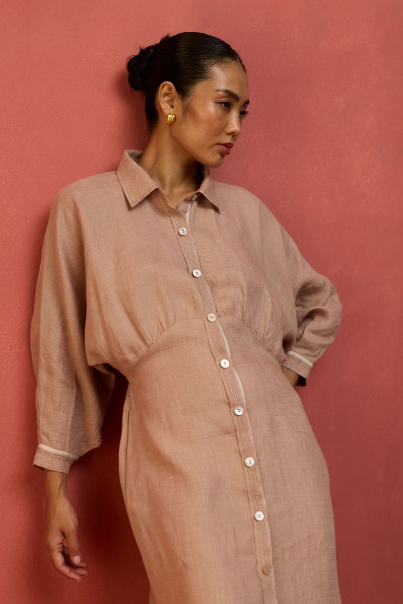 Masaru Buttoned Linen Dress - Dusty Rose linen by Manan in blush color for women Worldwide