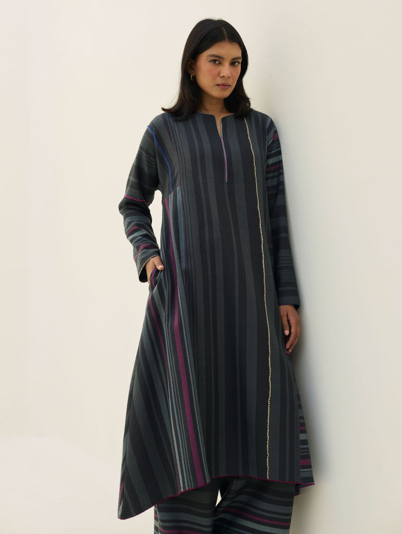 Daphne Merino Wool Kurta Set - Charcoal by Manan in charcoal color for women Worldwide