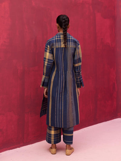 Masha Check Linen Shirt Kurta - Navy