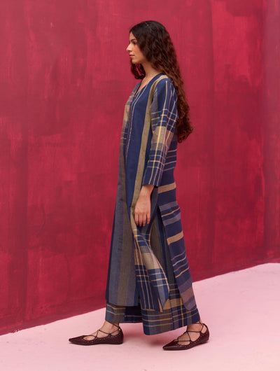 Inga Check Linen Kurta - Navy