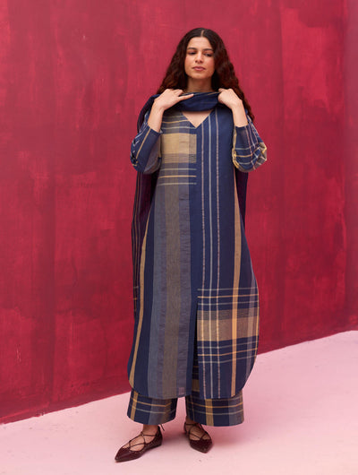 Inga Check Linen Kurta - Navy