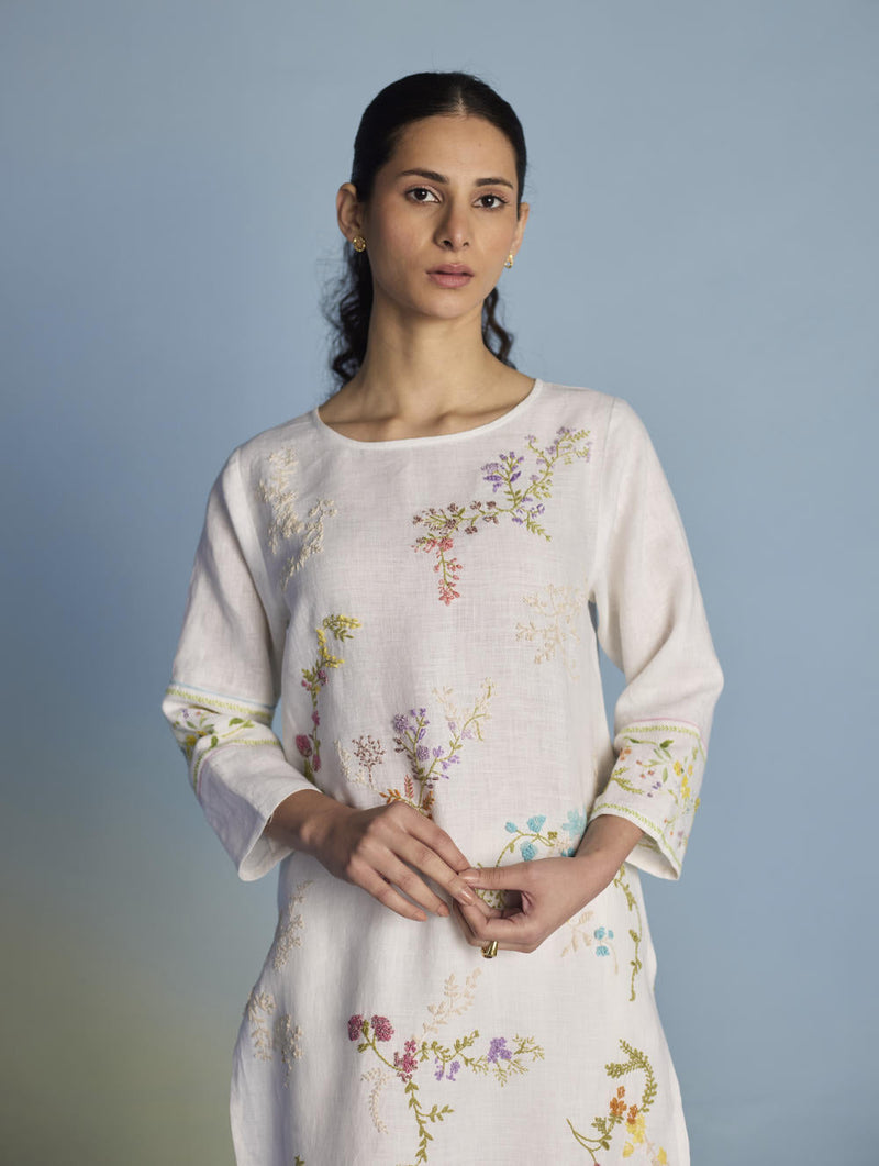 Emra Hand-Embroidered Linen Kurta - White linen by Manan in white color for women Worldwide