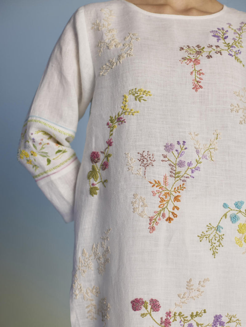 Emra Hand-Embroidered Linen Kurta Set - White linen by Manan in white color for women Worldwide