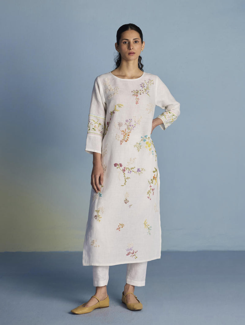 Emra Hand-Embroidered Linen Kurta Set - White linen by Manan in white color for women Worldwide
