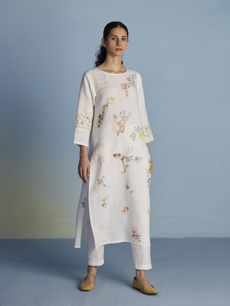 Emra Hand-Embroidered Linen Kurta Set - White linen by Manan in white color for women Worldwide