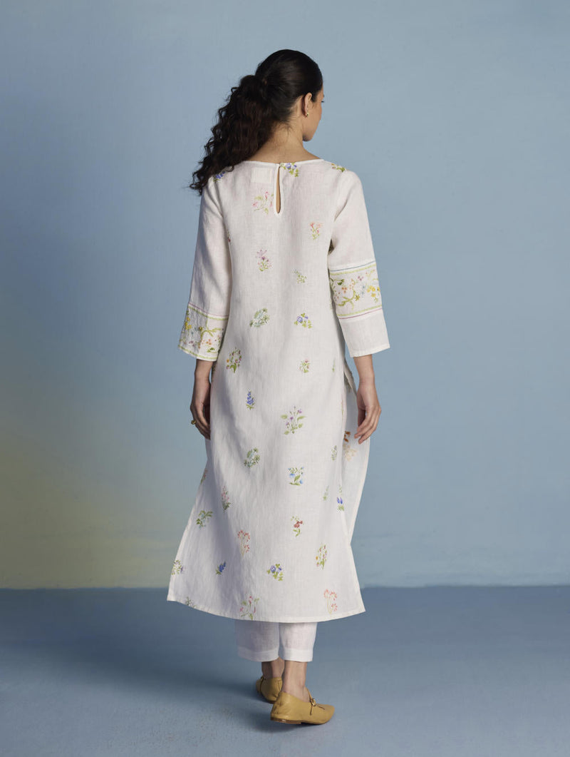 Emra Hand-Embroidered Linen Kurta Set - White linen by Manan in white color for women Worldwide