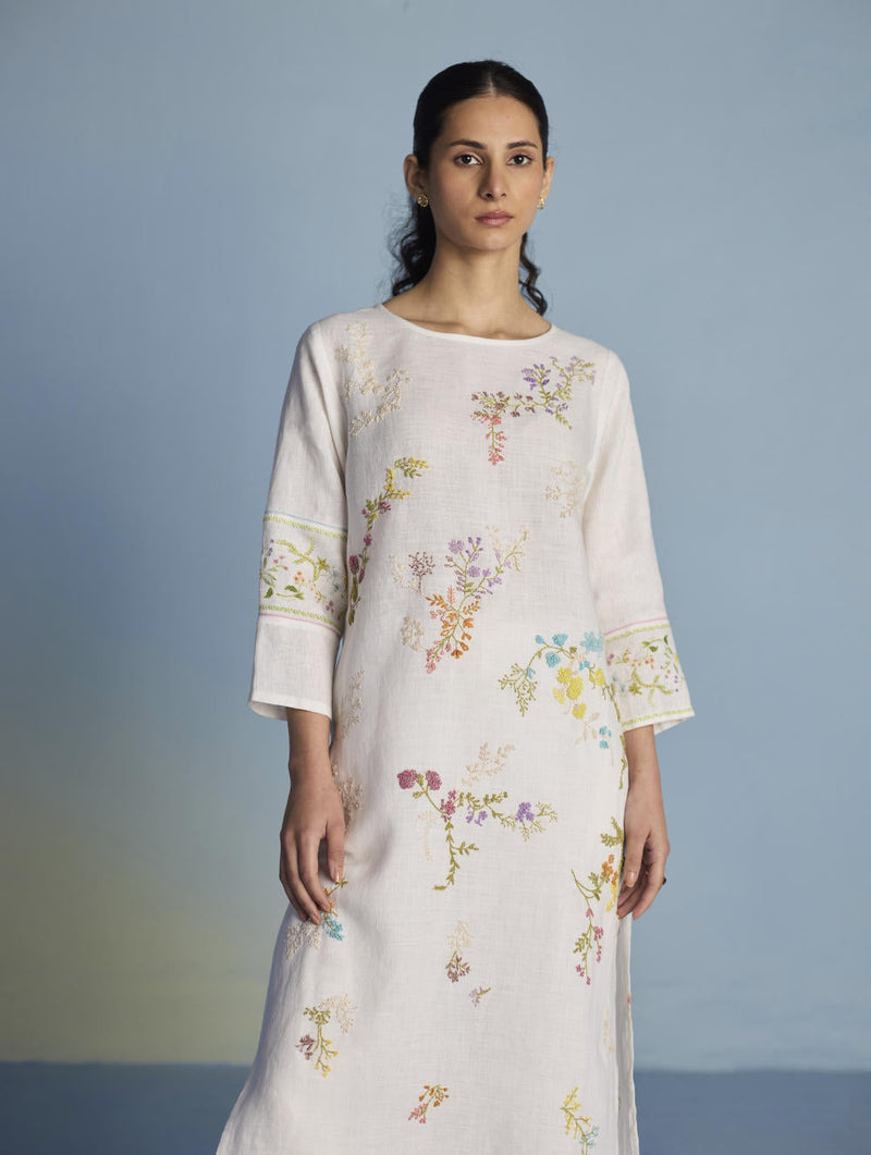 Emra Hand-Embroidered Linen Kurta Set - White linen by Manan in white color for women Worldwide