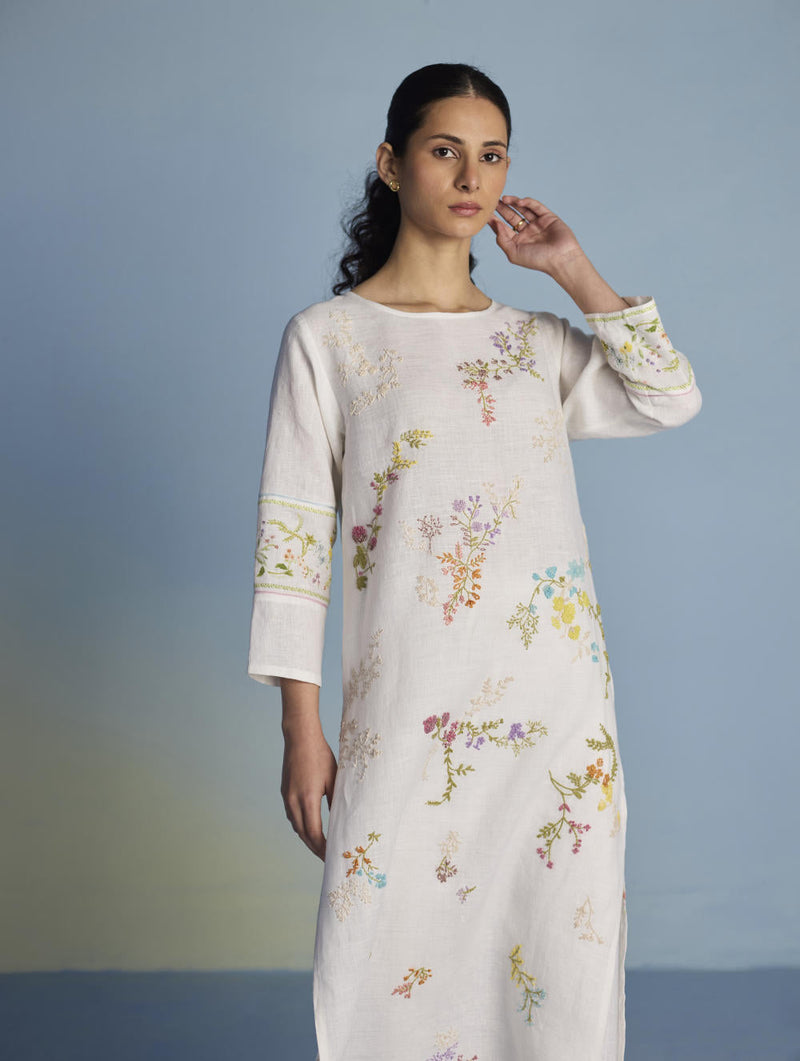 Emra Hand-Embroidered Linen Kurta Set - White linen by Manan in white color for women Worldwide