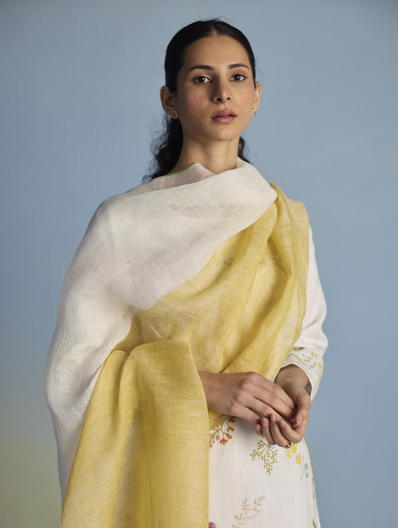Emra Hand-Embroidered Linen Kurta Set - White linen by Manan in white color for women Worldwide