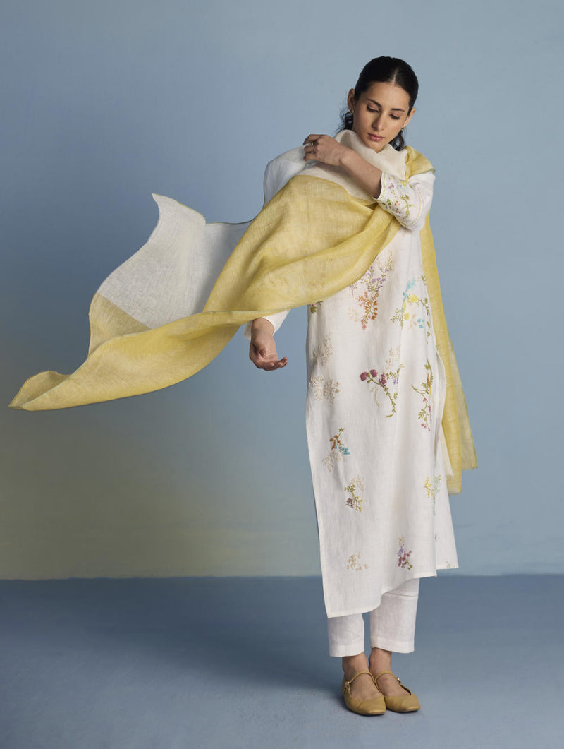 Emra Hand-Embroidered Linen Kurta Set - White linen by Manan in white color for women Worldwide
