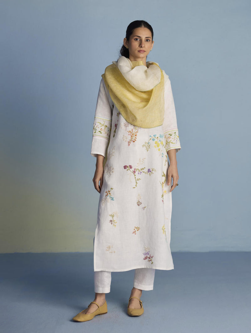 Emra Hand-Embroidered Linen Kurta Set - White linen by Manan in white color for women Worldwide