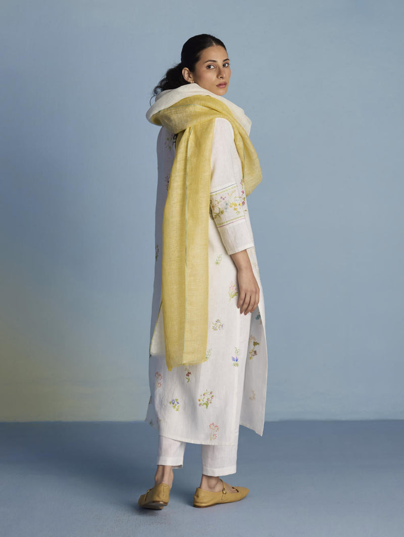 Emra Hand-Embroidered Linen Kurta Set - White linen by Manan in white color for women Worldwide