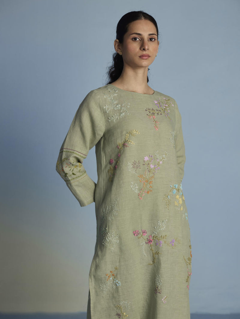 Emra Hand-Embroidered Linen Kurta - Mint linen by Manan in mint color for women Worldwide