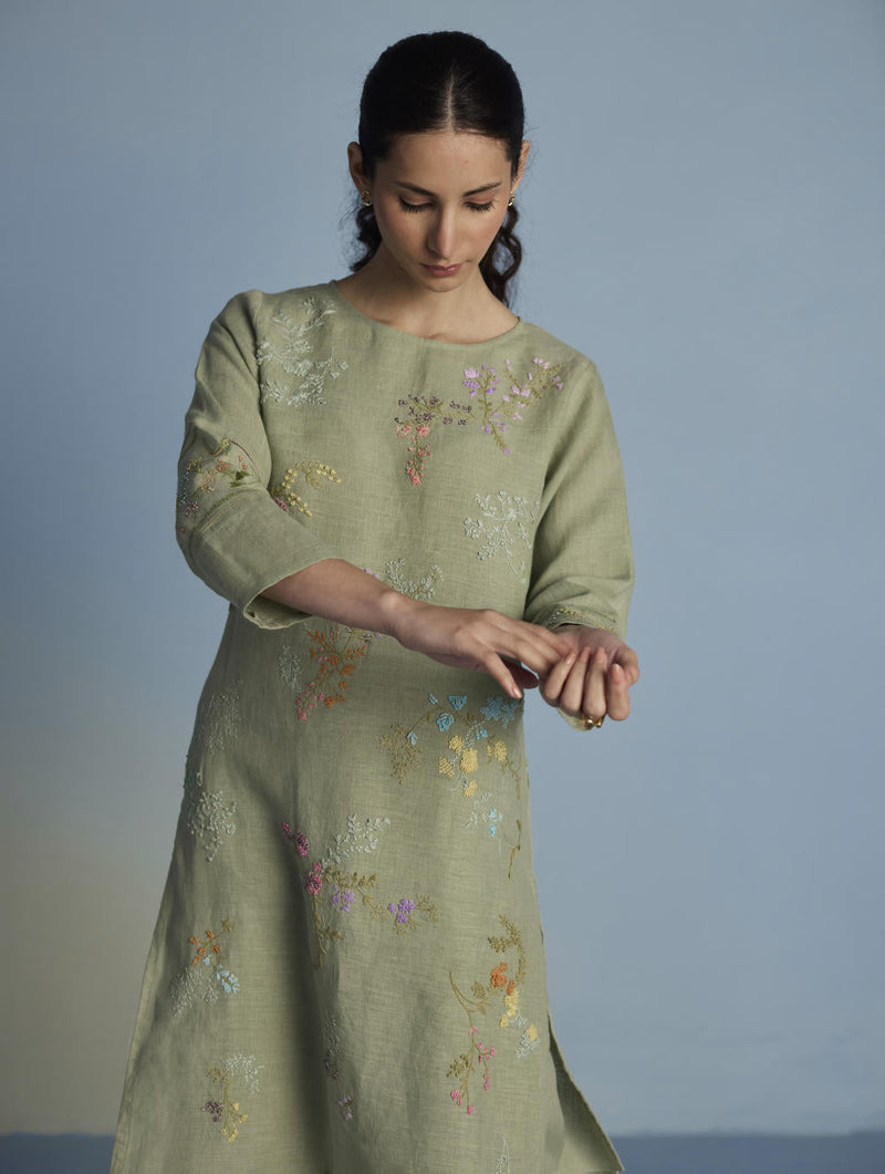 Emra Hand-Embroidered Linen Kurta - Mint linen by Manan in mint color for women Worldwide