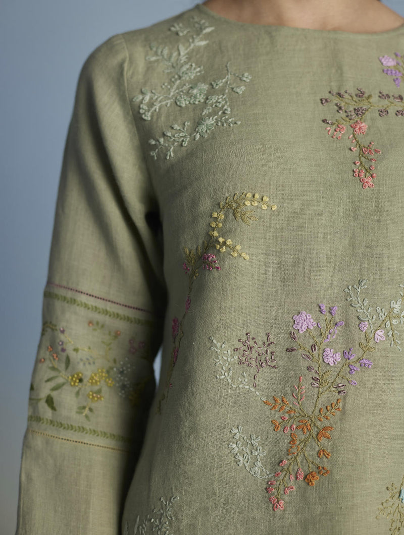 Emra Hand-Embroidered Linen Kurta Set - Mint linen by Manan in mint color for women Worldwide