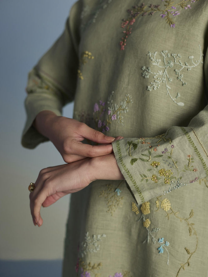 Emra Hand-Embroidered Linen Kurta Set - Mint linen by Manan in mint color for women Worldwide