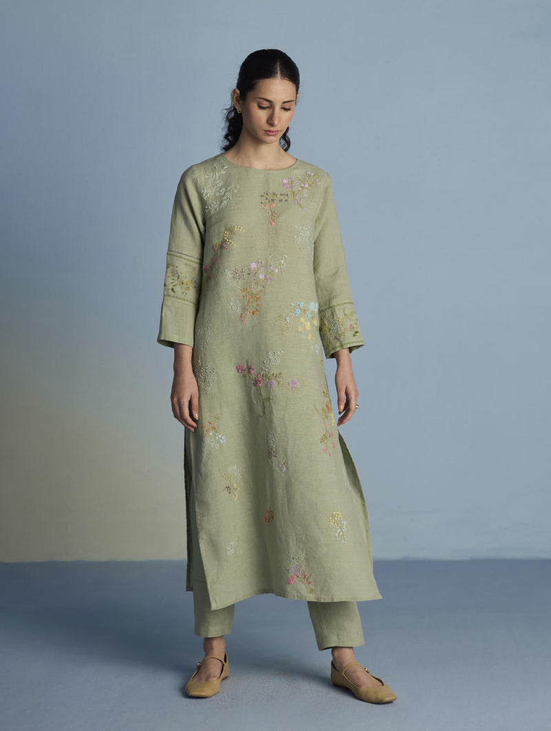 Emra Hand-Embroidered Linen Kurta Set - Mint linen by Manan in mint color for women Worldwide