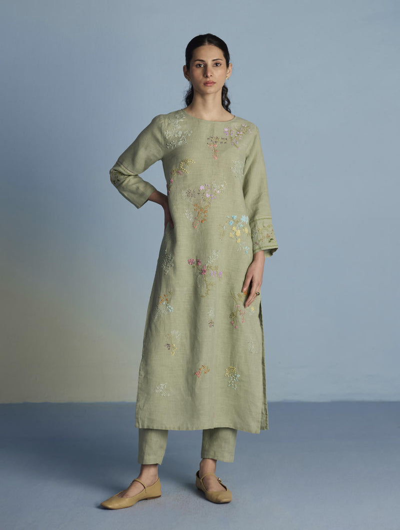 Emra Hand-Embroidered Linen Kurta - Mint linen by Manan in mint color for women Worldwide