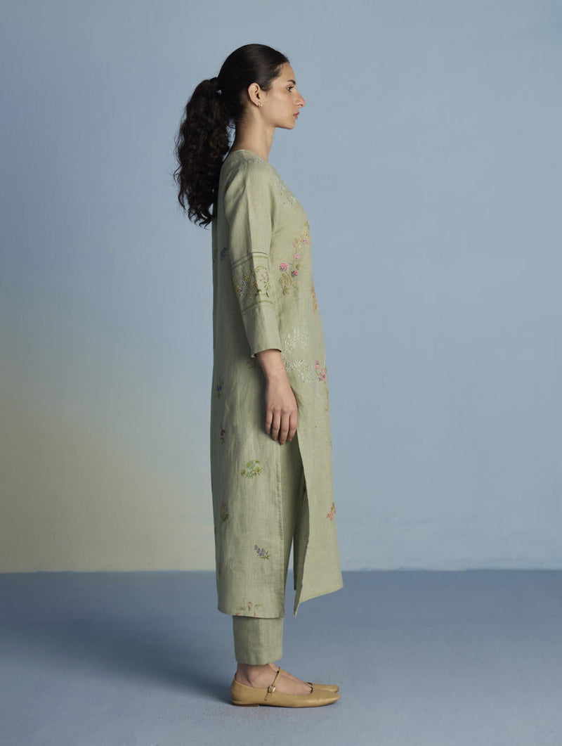 Emra Hand-Embroidered Linen Kurta Set - Mint linen by Manan in mint color for women Worldwide