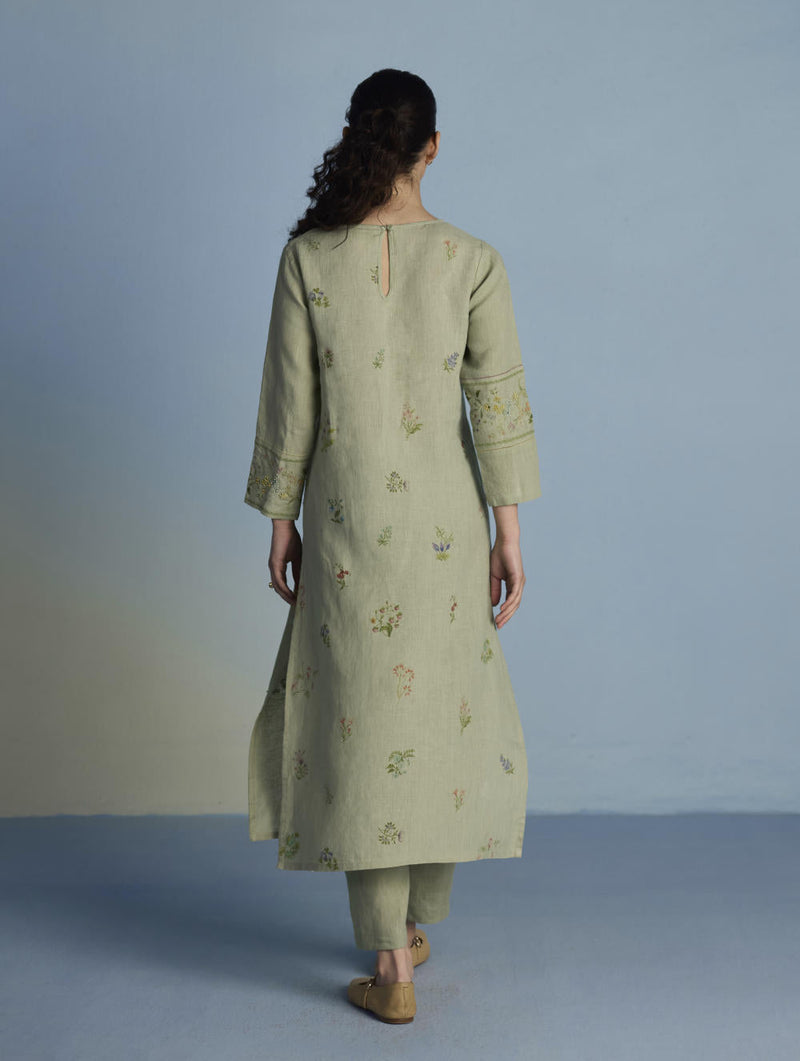 Emra Hand-Embroidered Linen Kurta Set - Mint linen by Manan in mint color for women Worldwide