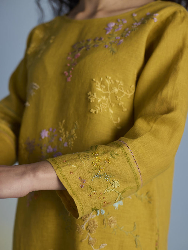 Emra Hand-Embroidered Linen Kurta - Mustard linen by Manan for women Worldwide
