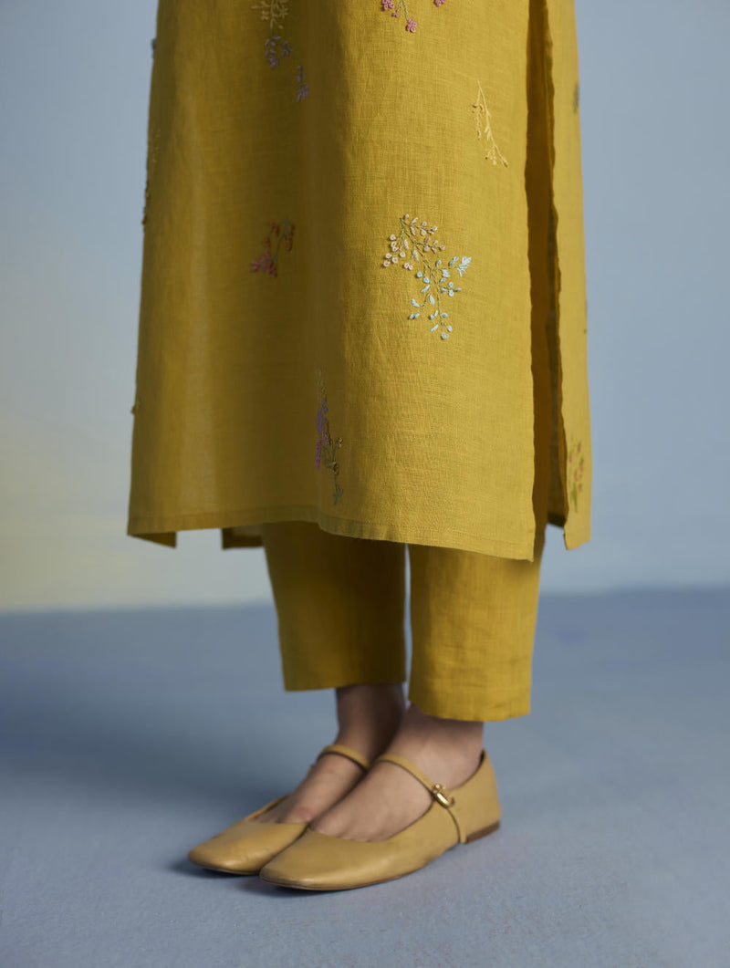 Emra Hand-Embroidered Linen Kurta Set - Ochre linen by Manan for women Worldwide