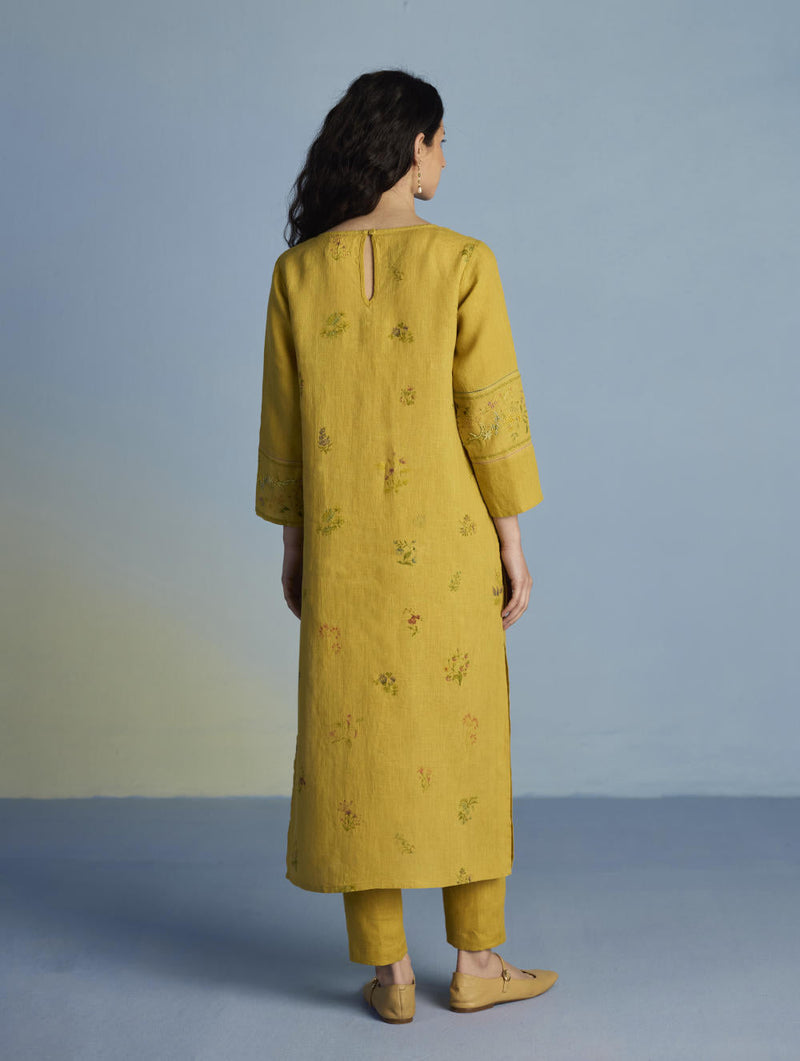 Emra Hand-Embroidered Linen Kurta - Mustard linen by Manan for women Worldwide