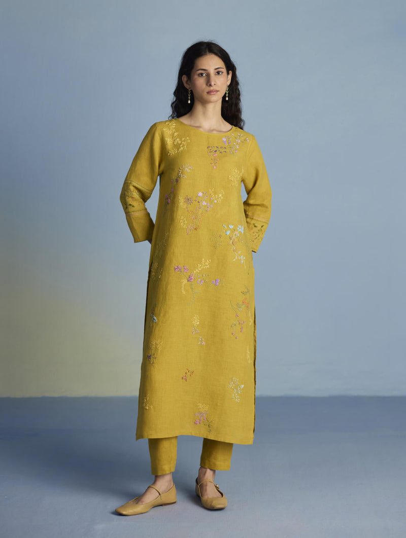 Emra Hand-Embroidered Linen Kurta - Mustard linen by Manan for women Worldwide