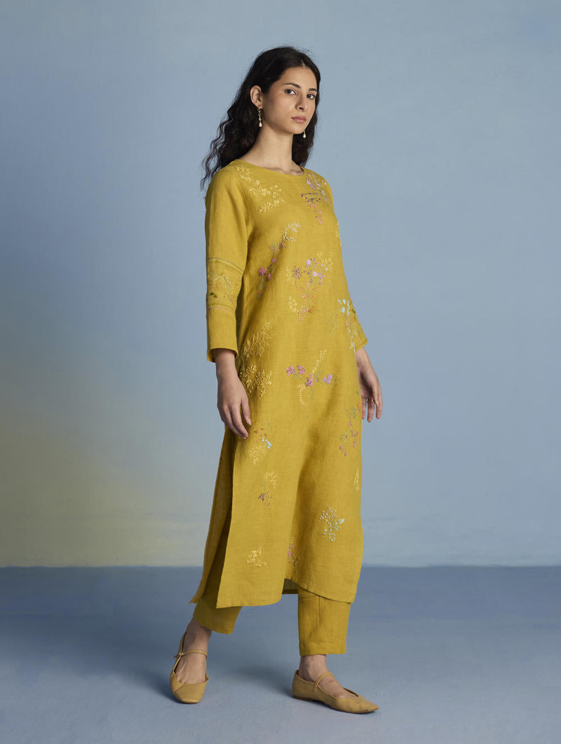 Emra Hand-Embroidered Linen Kurta Set - Ochre linen by Manan for women Worldwide