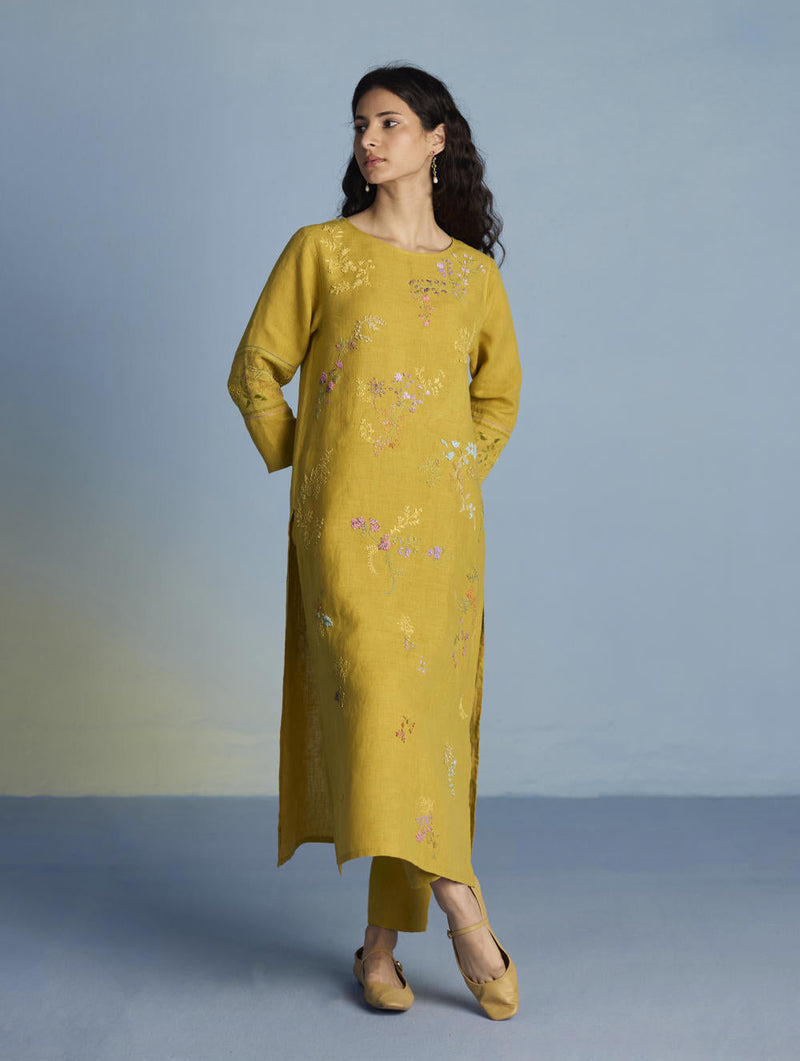 Emra Hand-Embroidered Linen Kurta Set - Ochre linen by Manan for women Worldwide
