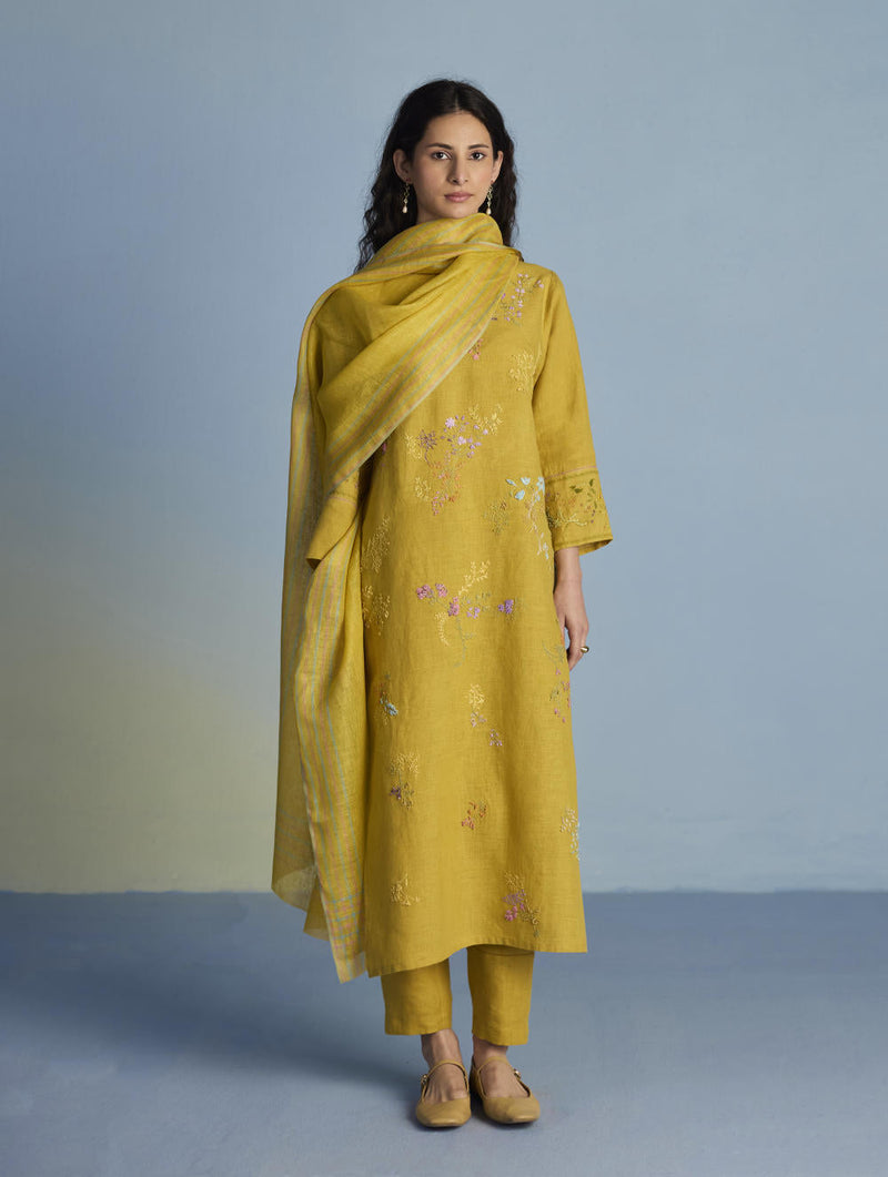 Emra Hand-Embroidered Linen Kurta Set - Ochre linen by Manan for women Worldwide