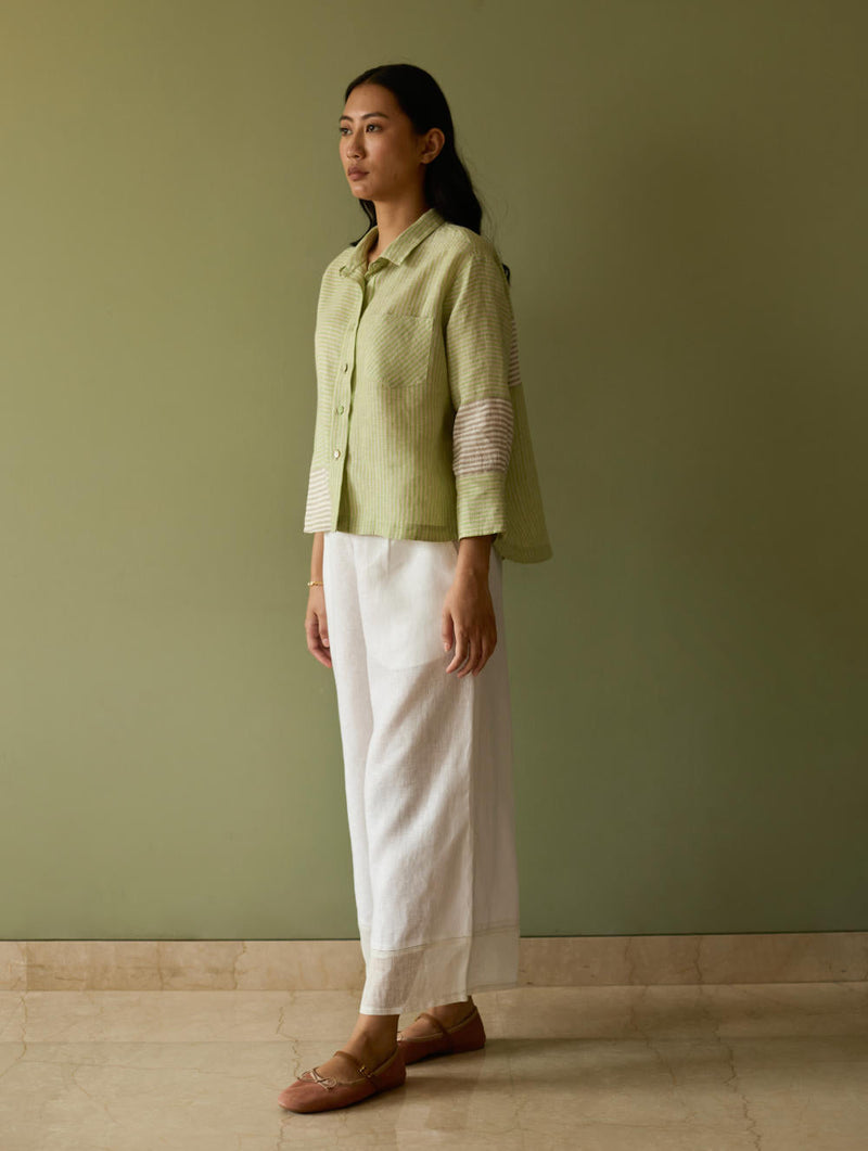 Tia Stripe Linen Cropped Shirt-Meadow linen by Manan in green color for women Worldwide