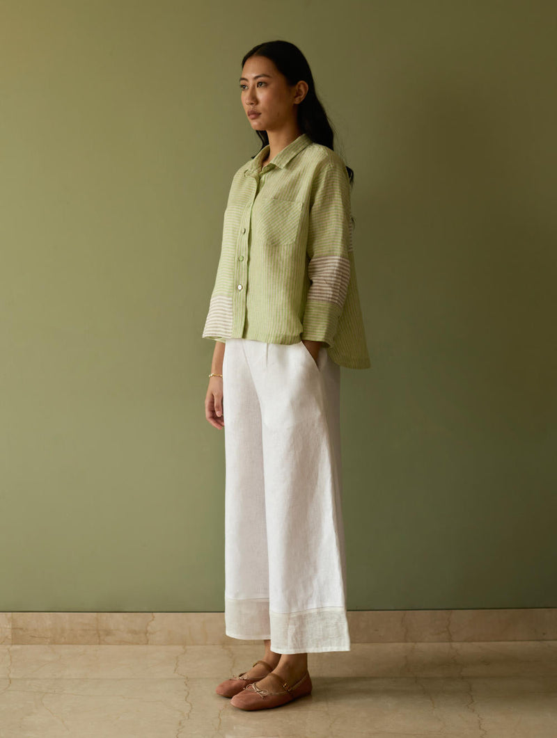 Tia Stripe Linen Cropped Shirt-Meadow linen by Manan in green color for women Worldwide