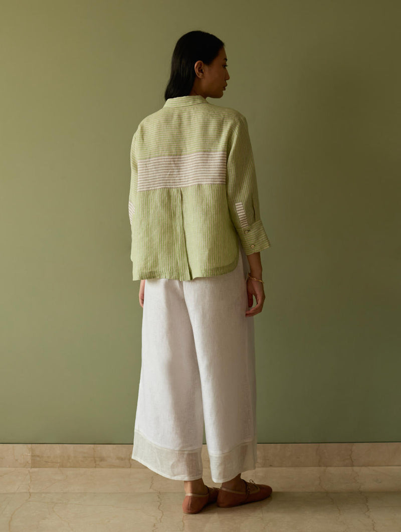 Tia Stripe Linen Cropped Shirt-Meadow linen by Manan in green color for women Worldwide