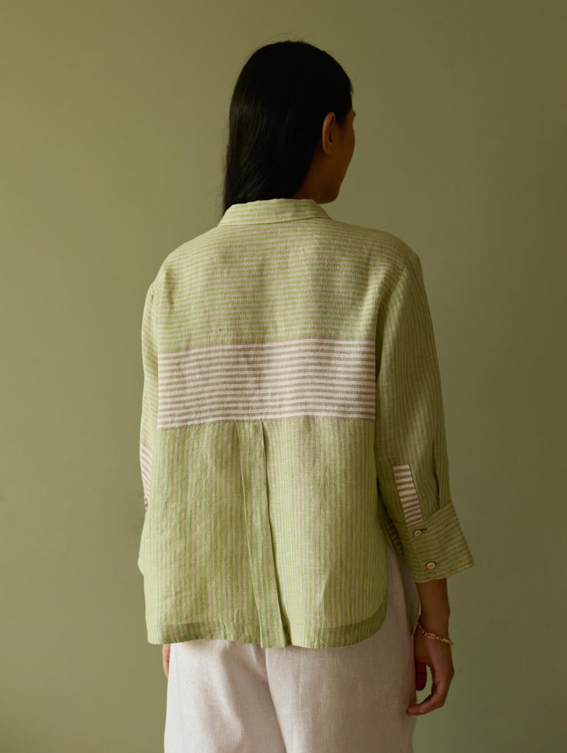 Tia Stripe Linen Cropped Shirt-Meadow linen by Manan in green color for women Worldwide