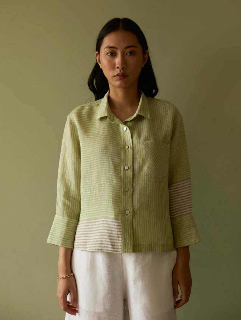 Tia Stripe Linen Cropped Shirt-Meadow linen by Manan in green color for women Worldwide
