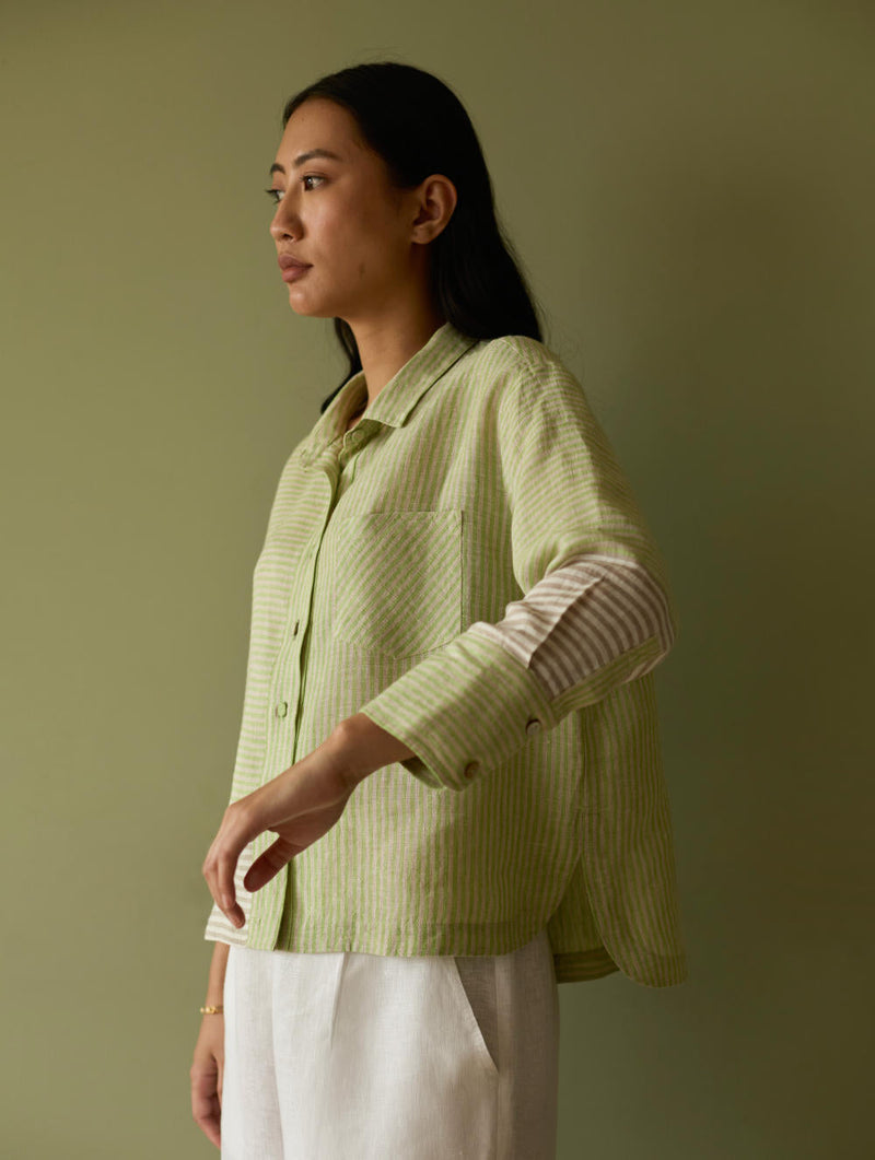 Tia Stripe Linen Cropped Shirt-Meadow linen by Manan in green color for women Worldwide
