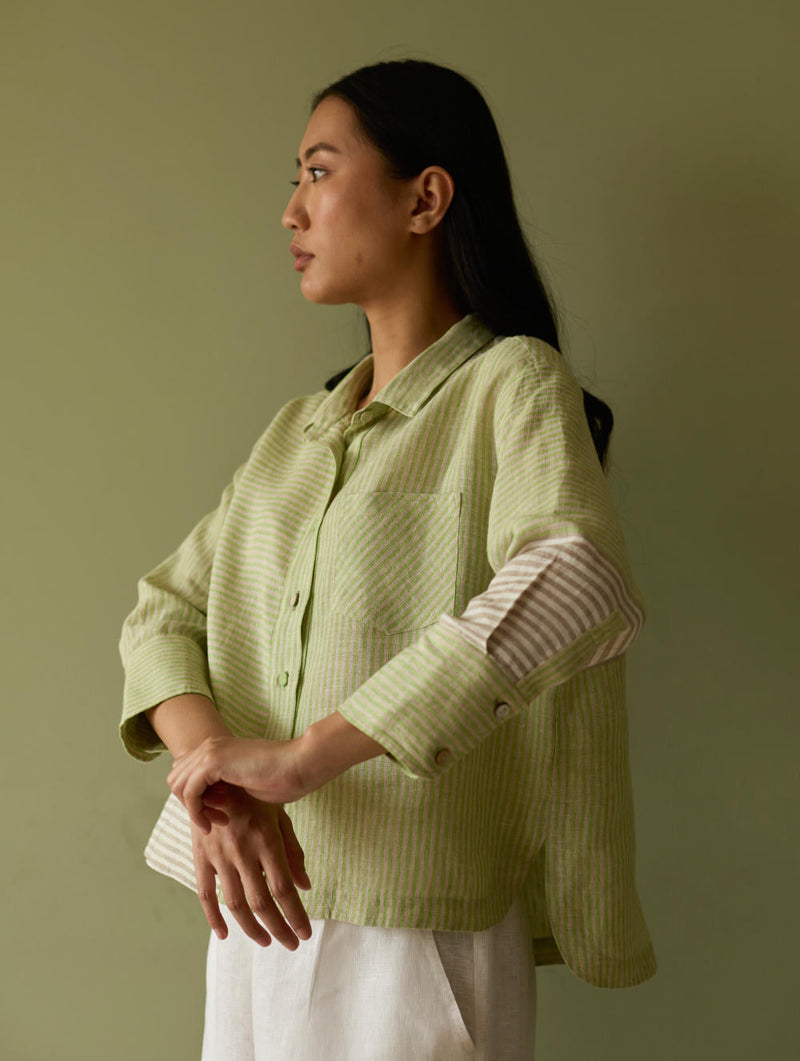 Tia Stripe Linen Cropped Shirt-Meadow linen by Manan in green color for women Worldwide