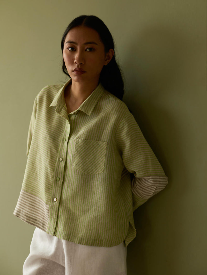 Tia Stripe Linen Cropped Shirt-Meadow linen by Manan in green color for women Worldwide