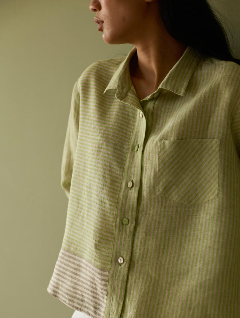Tia Stripe Linen Cropped Shirt-Meadow linen by Manan in green color for women Worldwide