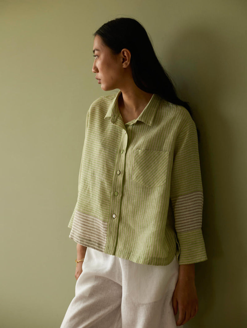 Tia Stripe Linen Cropped Shirt-Meadow linen by Manan in green color for women Worldwide