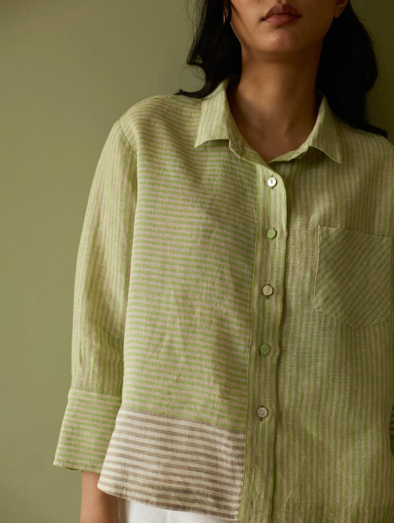 Tia Stripe Linen Cropped Shirt-Meadow linen by Manan in green color for women Worldwide