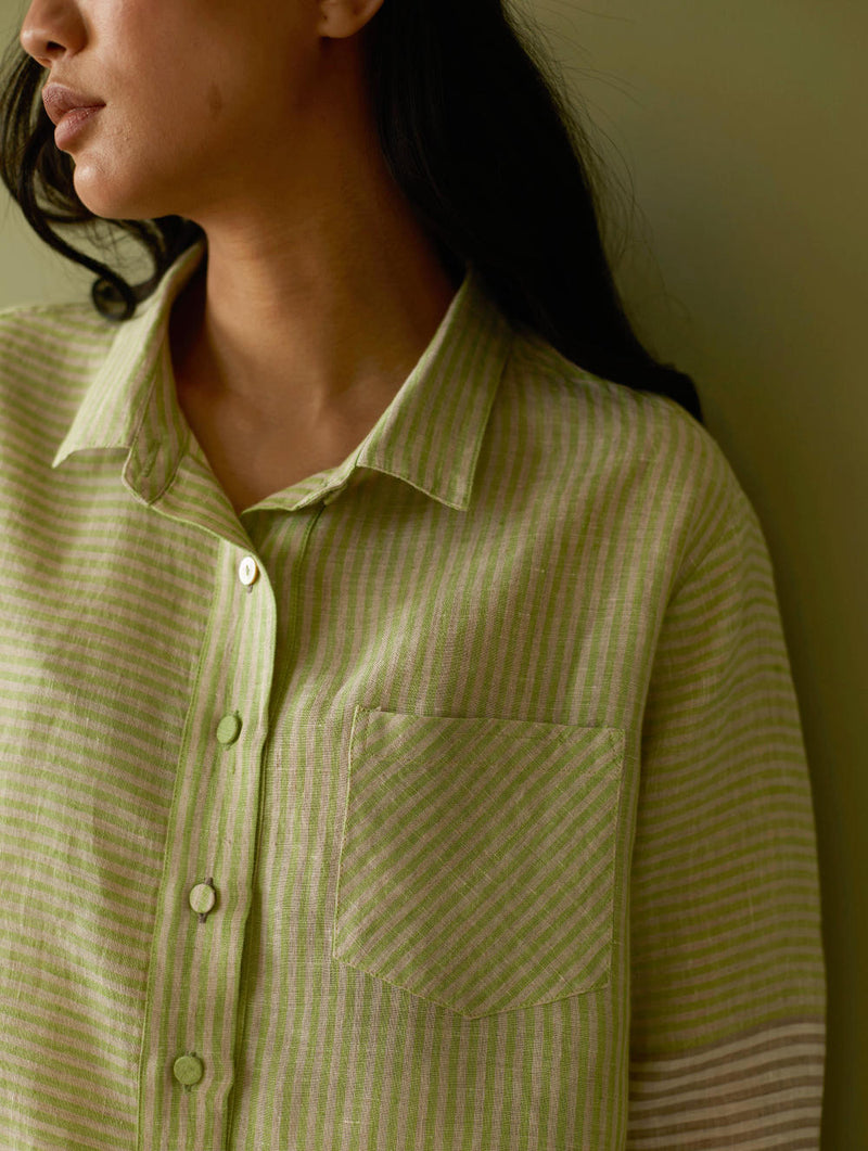 Tia Stripe Linen Cropped Shirt-Meadow linen by Manan in green color for women Worldwide