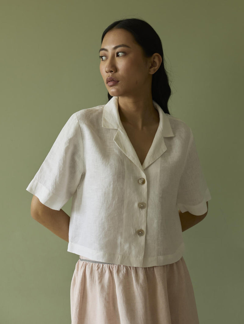 Kiera Cuban Collar Linen Shirt-Ivory linen by Manan in ivory color for women Worldwide