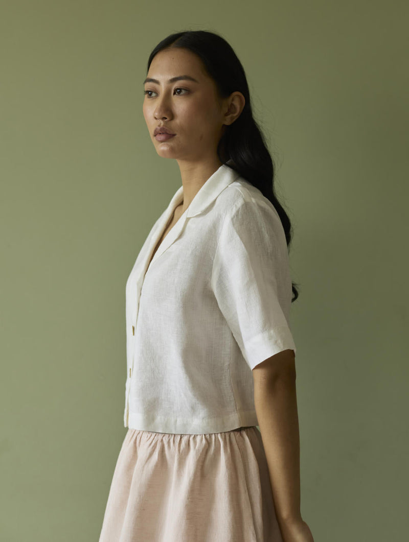 Kiera Cuban Collar Linen Shirt-Ivory linen by Manan in ivory color for women Worldwide