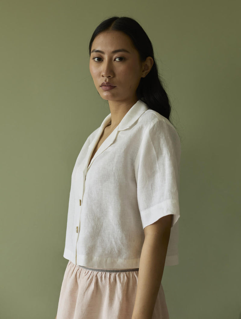 Kiera Cuban Collar Linen Shirt-Ivory linen by Manan in ivory color for women Worldwide