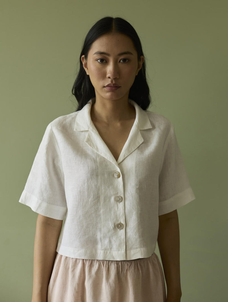 Kiera Cuban Collar Linen Shirt-Ivory linen by Manan in ivory color for women Worldwide