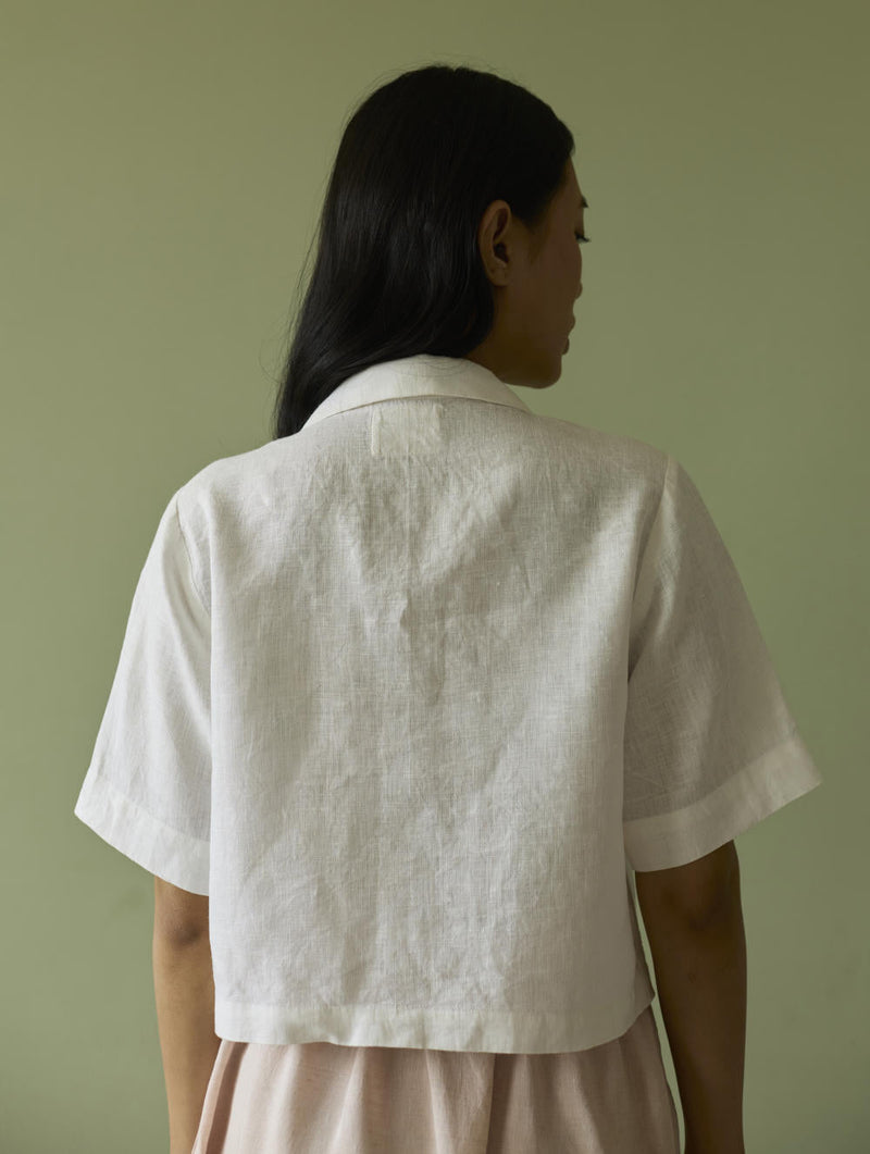 Kiera Cuban Collar Linen Shirt-Ivory linen by Manan in ivory color for women Worldwide