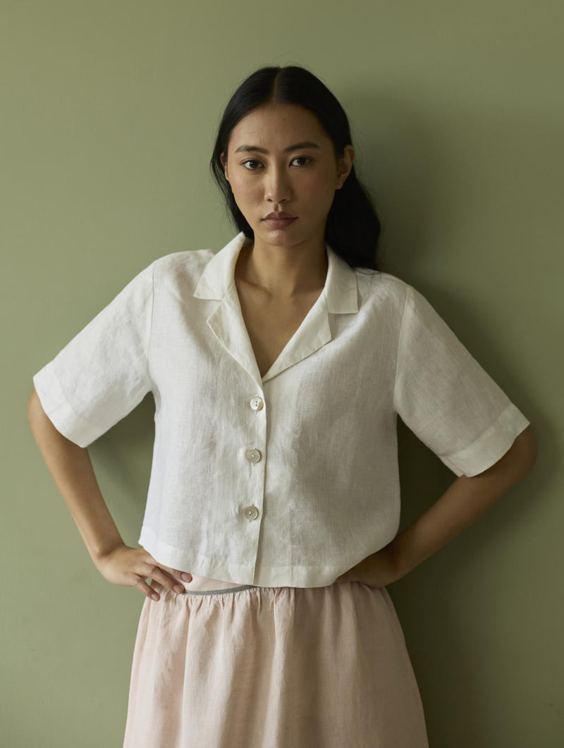 Kiera Cuban Collar Linen Shirt-Ivory linen by Manan in ivory color for women Worldwide