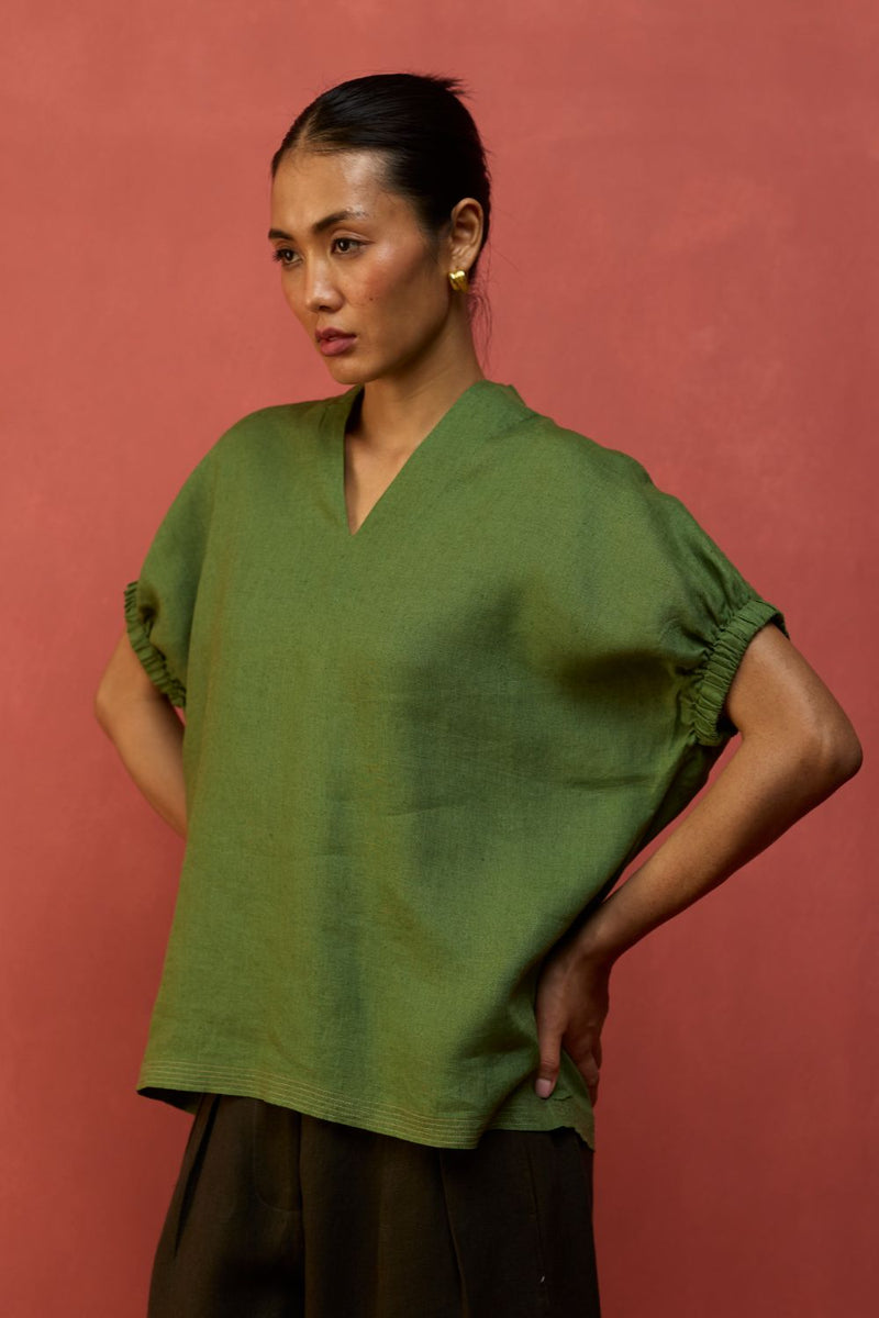 Hoshi Linen Top - Fern Green by Manan for Worldwide